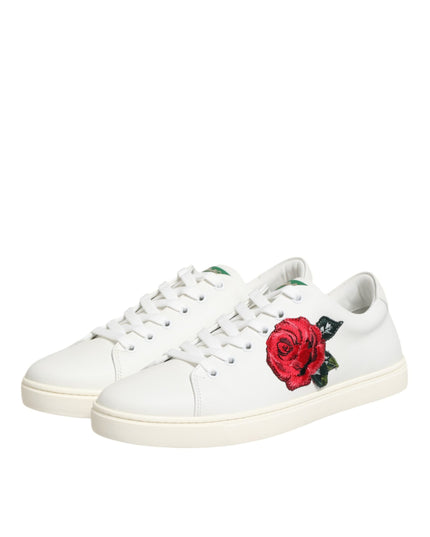 Dolce & Gabbana White Leather Rose Embroidery Low-Top  Shoes