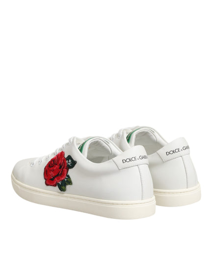 Dolce & Gabbana White Leather Rose Embroidery Low-Top  Shoes