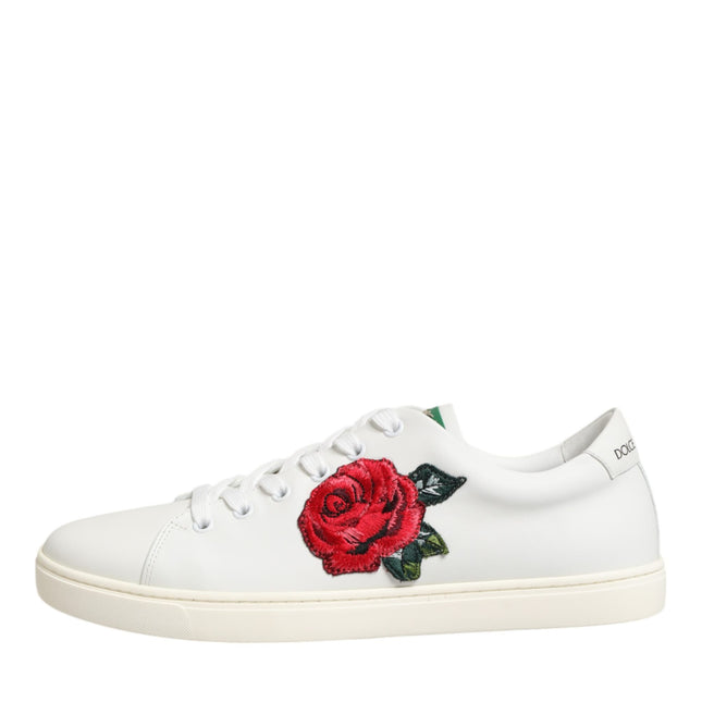 Dolce & Gabbana White Leather Rose Embroidery Low-Top  Shoes