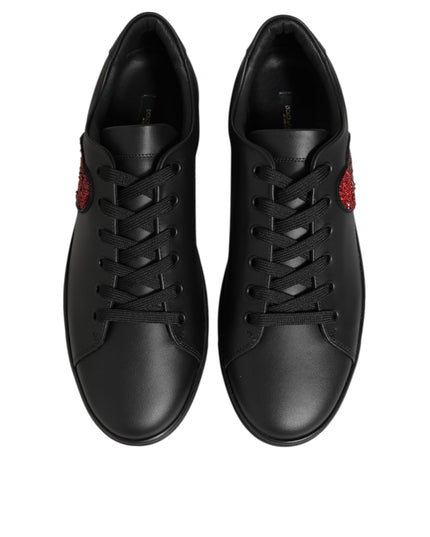 Dolce & Gabbana Black Leather Crystal Heart Sneakers  Shoes