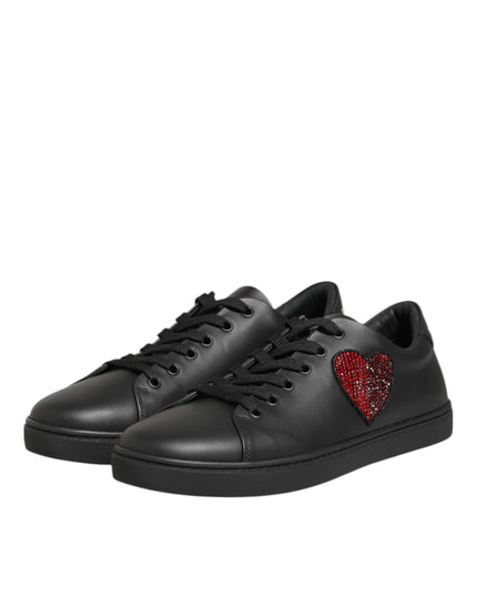 Dolce & Gabbana Black Leather Crystal Heart Sneakers  Shoes