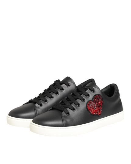 Dolce & Gabbana Black White Leather Crystal Heart Sneakers Shoes