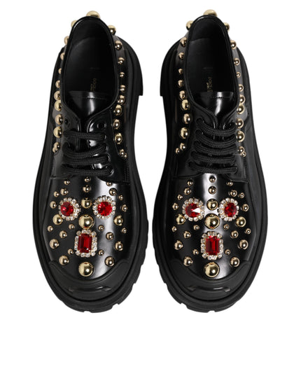 Dolce & Gabbana Black Leather Jeweled Crystals Derby Shoes