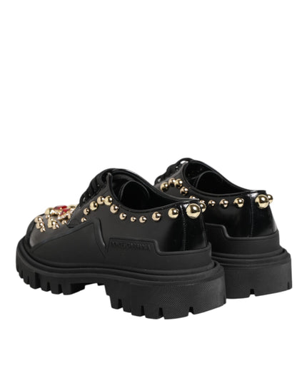 Dolce & Gabbana Black Leather Jeweled Crystals Derby Shoes