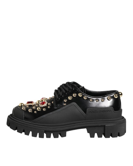 Dolce & Gabbana Black Leather Jeweled Crystals Derby Shoes