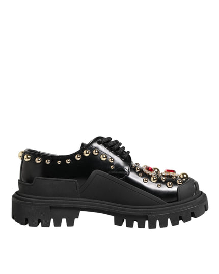 Dolce & Gabbana Black Leather Jeweled Crystals Derby Shoes