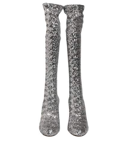 Dolce & Gabbana Shoes Silver Sequins Glitter High Heel Boot Shoes