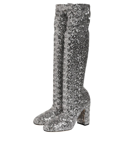 Dolce & Gabbana Shoes Silver Sequins Glitter High Heel Boot Shoes