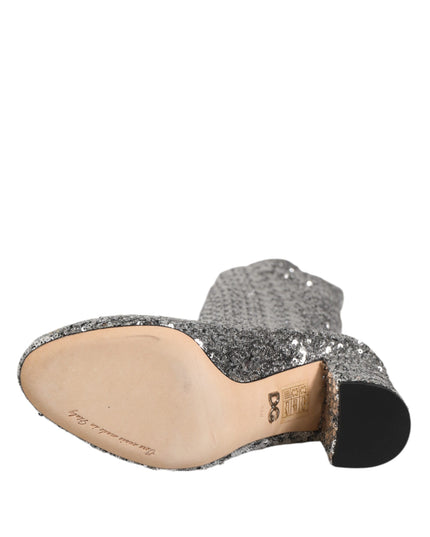 Dolce & Gabbana Shoes Silver Sequins Glitter High Heel Boot Shoes
