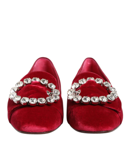 Dolce & Gabbana Red Velvet Crystal Buckle Loafers Flats Shoes