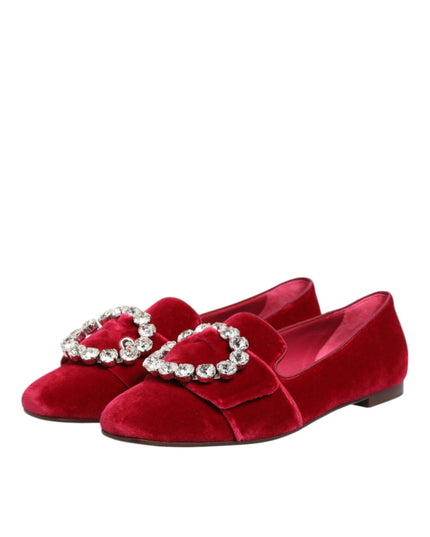 Dolce & Gabbana Red Velvet Crystal Buckle Loafers Flats Shoes