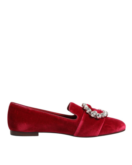 Dolce & Gabbana Red Velvet Crystal Buckle Loafers Flats Shoes