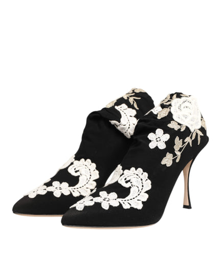 Dolce & Gabbana Black White Embroidered Jersey Stiletto Boots Shoes