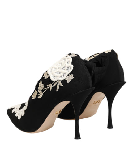 Dolce & Gabbana Black White Embroidered Jersey Stiletto Boots Shoes