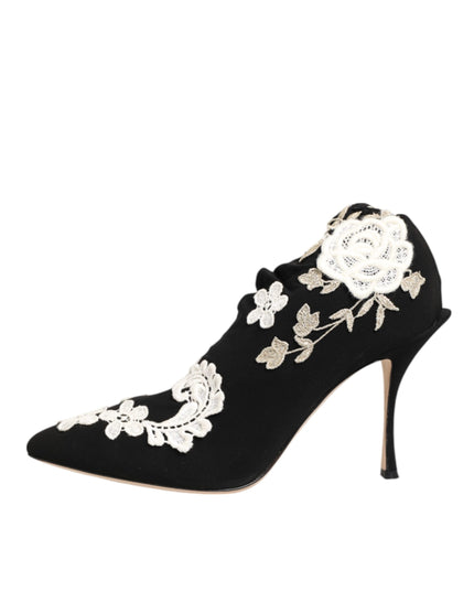 Dolce & Gabbana Black White Embroidered Jersey Stiletto Boots Shoes
