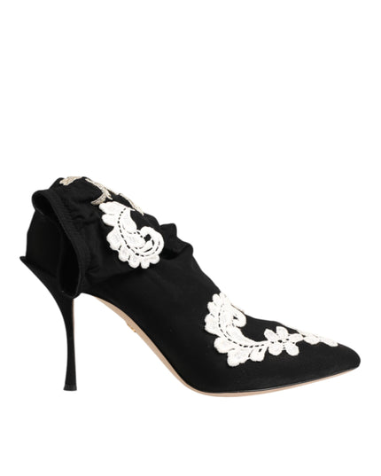 Dolce & Gabbana Black White Embroidered Jersey Stiletto Boots Shoes
