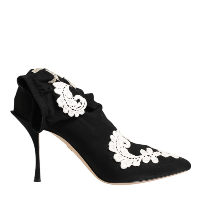 Dolce & Gabbana Black White Embroidered Jersey Stiletto Boots Shoes