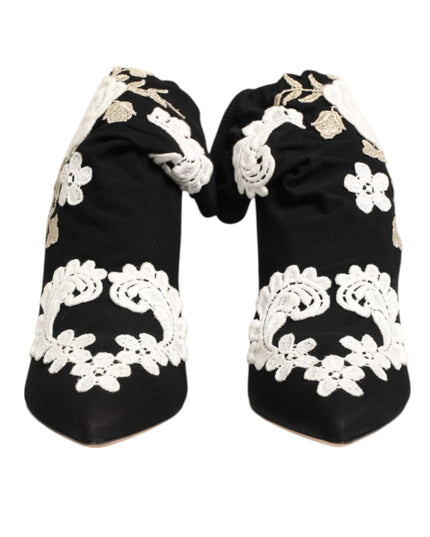 Dolce & Gabbana Black White Embroidered Jersey Stiletto Boots Shoes