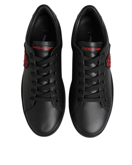 Dolce & Gabbana Black Leather Crystal Heart Low Top Sneakers  Shoes