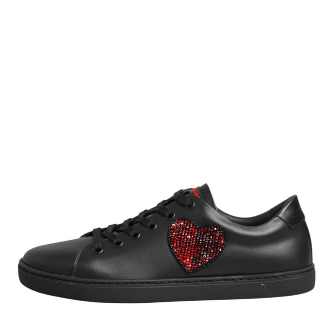 Dolce & Gabbana Black Leather Crystal Heart Low Top Sneakers  Shoes