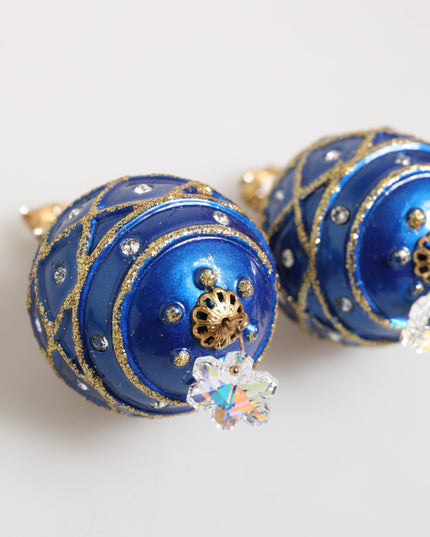 Dolce & Gabbana Gold Brass Blue Christmas Ball Crystal Drop Clip On Earrings