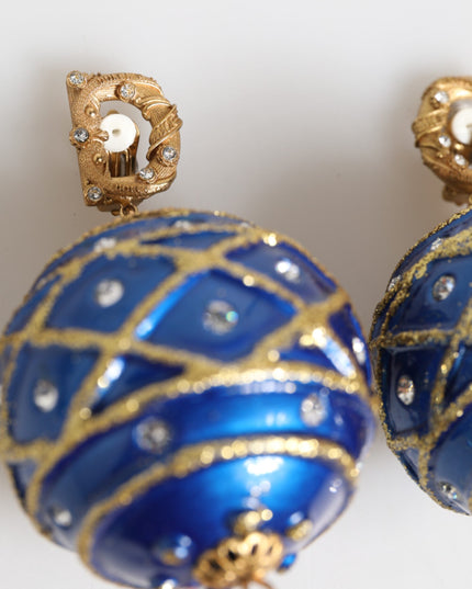 Dolce & Gabbana Gold Brass Blue Christmas Ball Crystal Drop Clip On Earrings