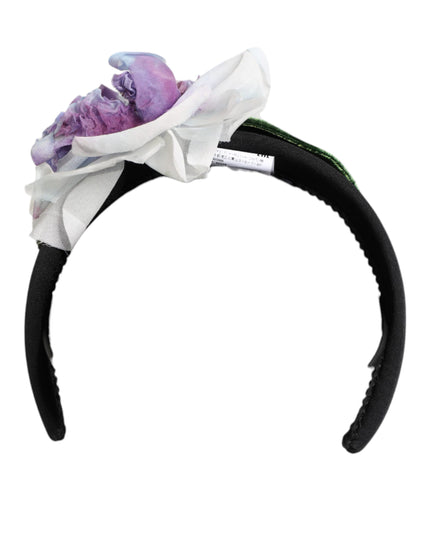 Dolce & Gabbana Black Green Silk Purple White Floral Appliqué Accessory Headband