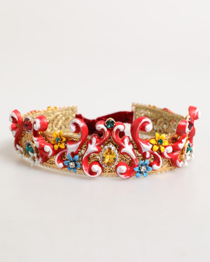 Dolce & Gabbana Red Carretto Multicolor Crystal Gold Tiara Crow Headband