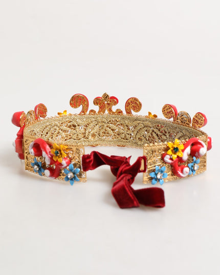 Dolce & Gabbana Red Carretto Multicolor Crystal Gold Tiara Crow Headband