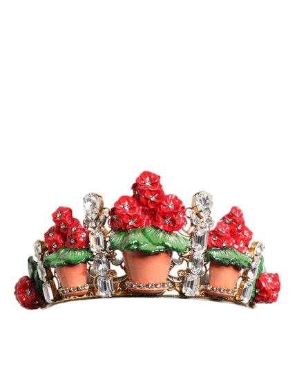 Dolce & Gabbana Red Floral Flowerpot Crystal Gold Crown Tiara Headband