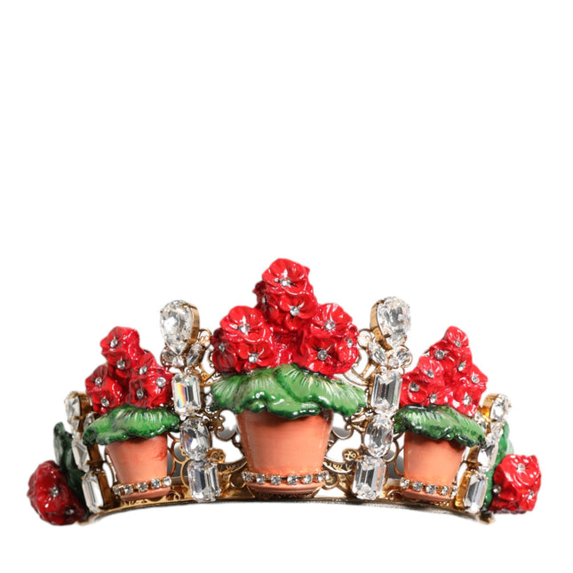 Dolce & Gabbana Red Floral Flowerpot Crystal Gold Crown Tiara Headband