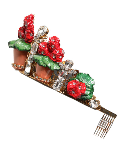 Dolce & Gabbana Red Floral Flowerpot Crystal Gold Crown Tiara Headband