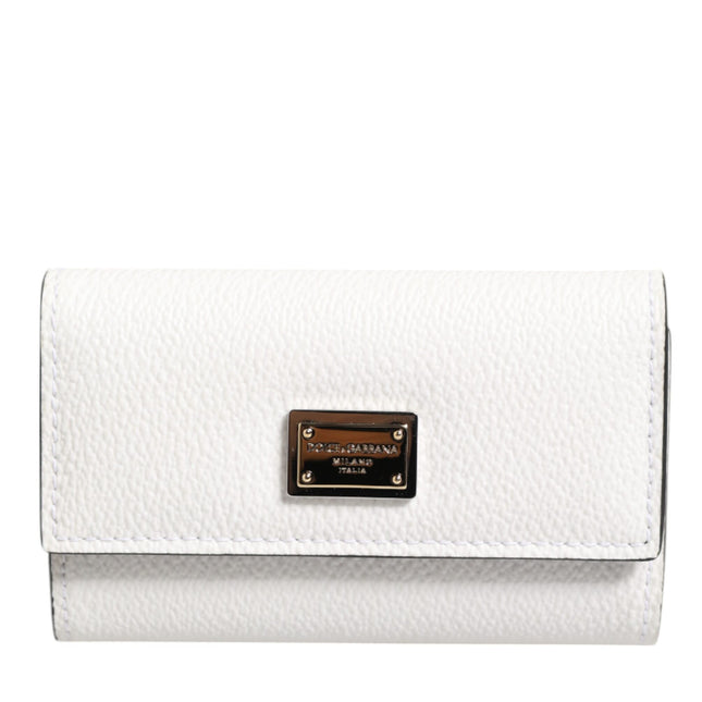 Dolce & Gabbana White Leather Card Case Holder Wallet Gold Logo Plate  Key Holder