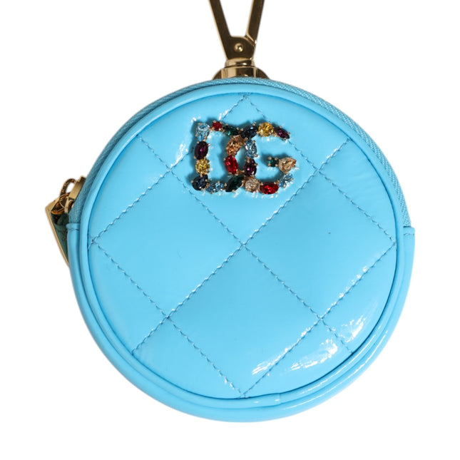 Dolce & Gabbana Azure Blue Leather Round Coin Purse Keychain Crystal Logo Wallet