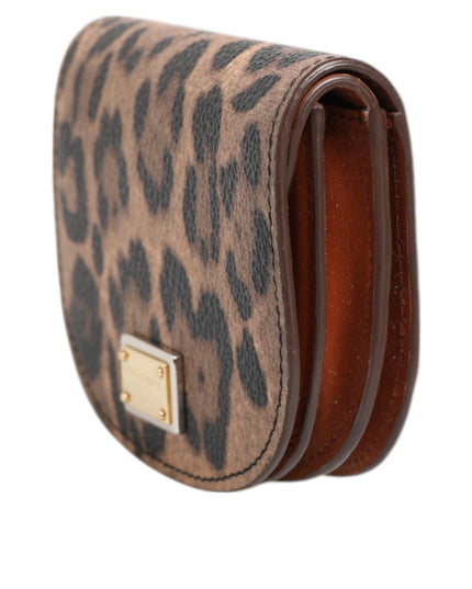 Dolce & Gabbana Brown Black Calf Leather Leopard Print Logo Plaque Wallet