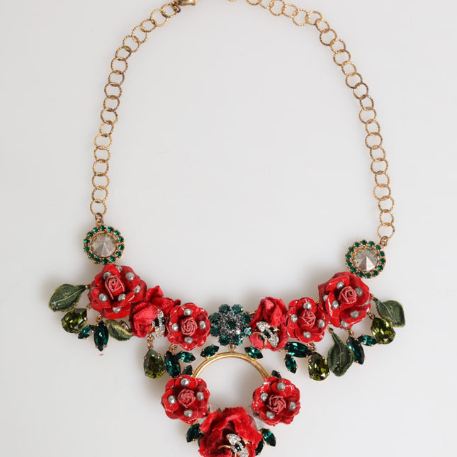 Dolce & Gabbana Red Rose Floral Crystal Embellished Statement Jewelry Necklace