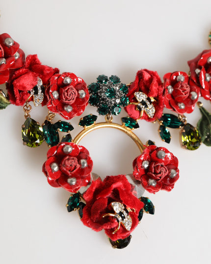 Dolce & Gabbana Red Rose Floral Crystal Embellished Statement Jewelry Necklace