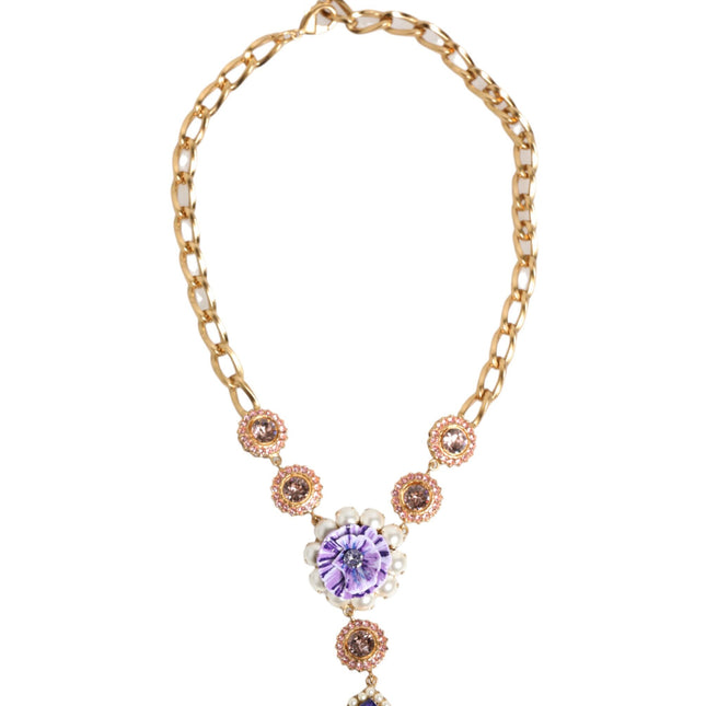 Dolce & Gabbana Gold Brass Crystal Pearl Purple Floral Pendant Jewelry Necklace