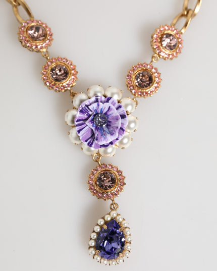 Dolce & Gabbana Gold Brass Crystal Pearl Purple Floral Pendant Jewelry Necklace