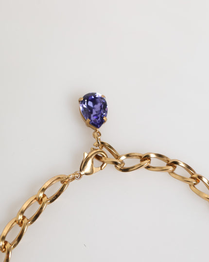 Dolce & Gabbana Gold Brass Crystal Pearl Purple Floral Pendant Jewelry Necklace