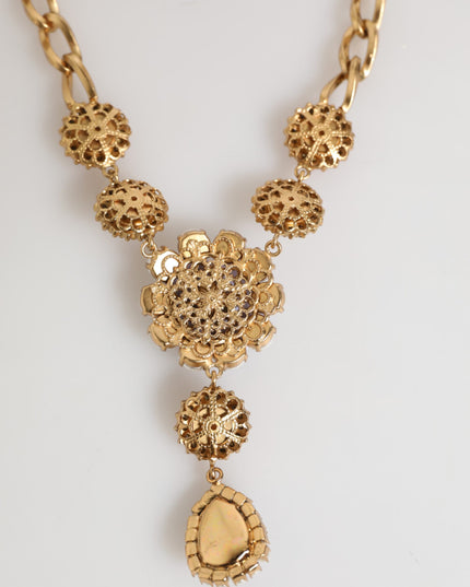Dolce & Gabbana Gold Brass Crystal Pearl Purple Floral Pendant Jewelry Necklace