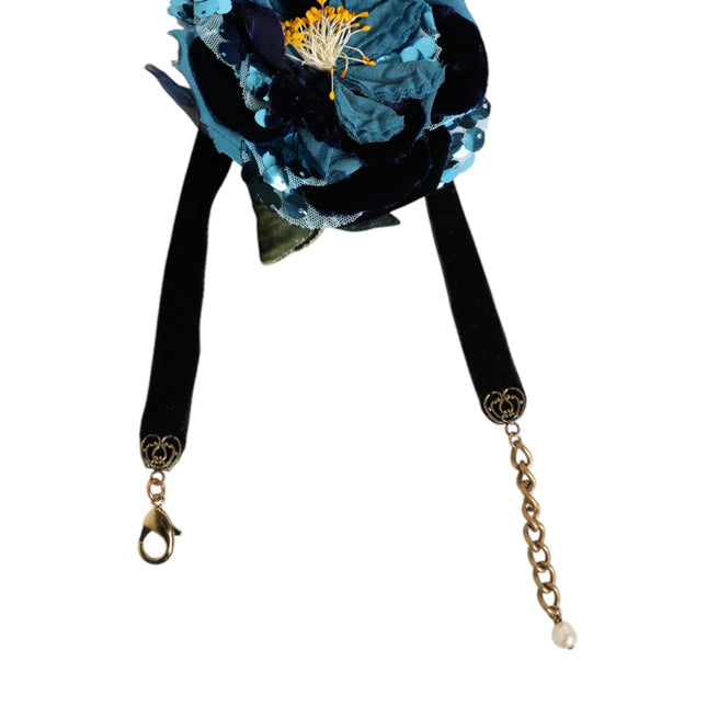 Dolce & Gabbana Blue Floral Appliqué Velvet Choker Crystal Beads Necklace