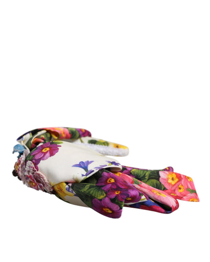 Dolce & Gabbana White Multicolor Floral Silk Bow Crystal Embellished Headband