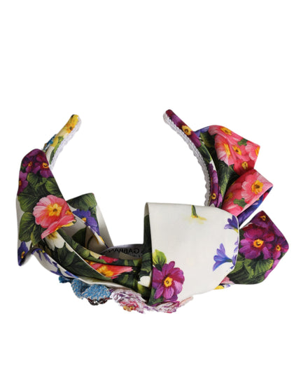 Dolce & Gabbana White Multicolor Floral Silk Bow Crystal Embellished Headband