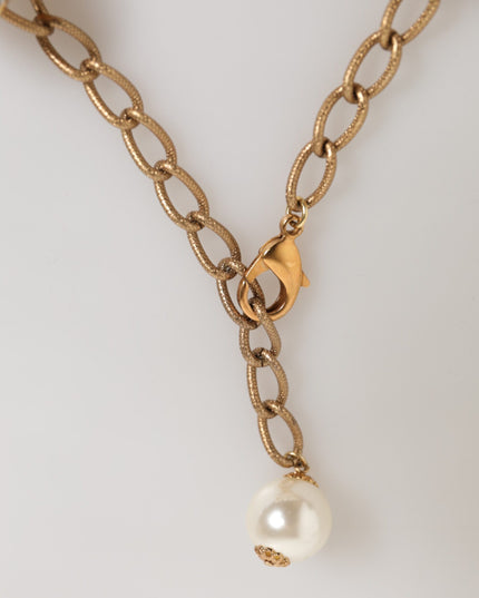 Dolce & Gabbana Gold Brass Faux Pearl Crystal Statement Luxury Jewelry Necklace