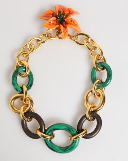 Dolce & Gabbana Multicolor Gold Brass Tiger Lily Floral Chai Necklace