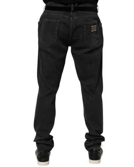 Dolce & Gabbana Black Cotton Slim Fit Distressed Ripped Logo Jeans