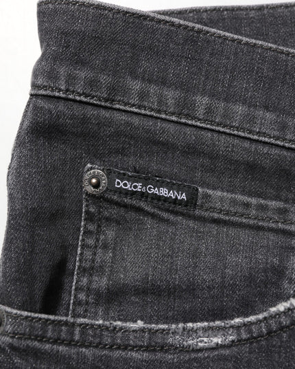 Dolce & Gabbana Black Cotton Slim Fit Distressed Ripped Logo Jeans