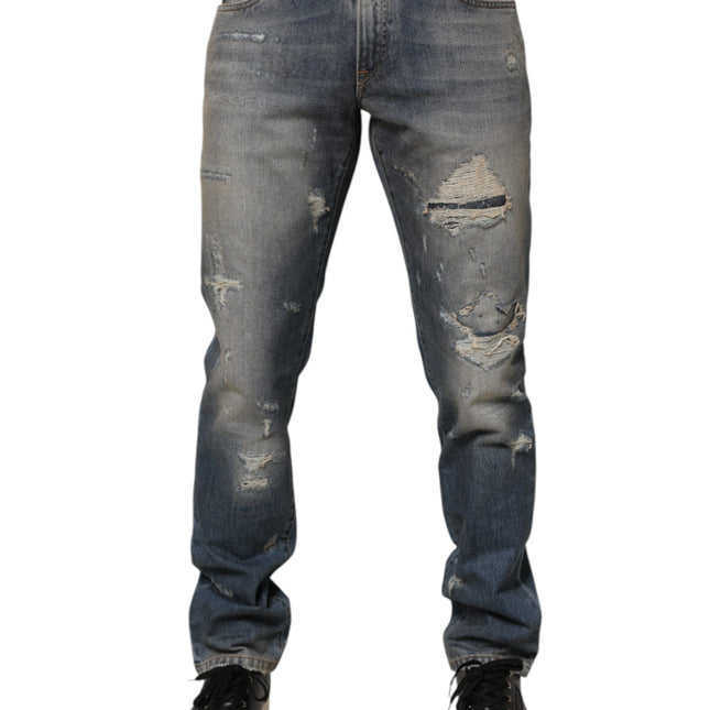 Dolce & Gabbana Blue Distressed Denim Slim Fit Pants Jeans