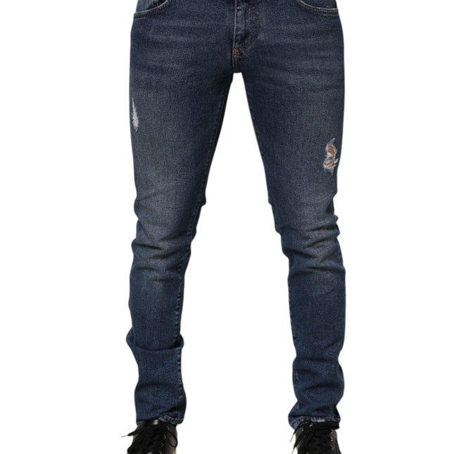 Dolce & Gabbana Blue Cotton Logo Plaque Skinny Men Denim Jeans